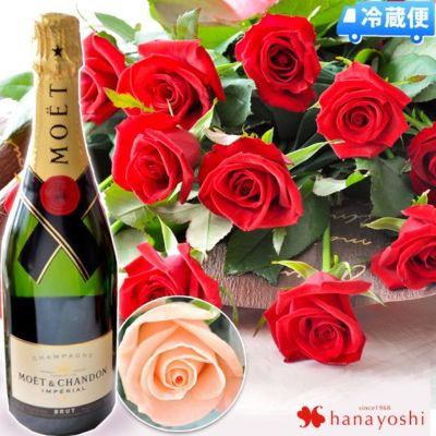 花色が選べる 1ダースのバラの花束とシャンパンのセット